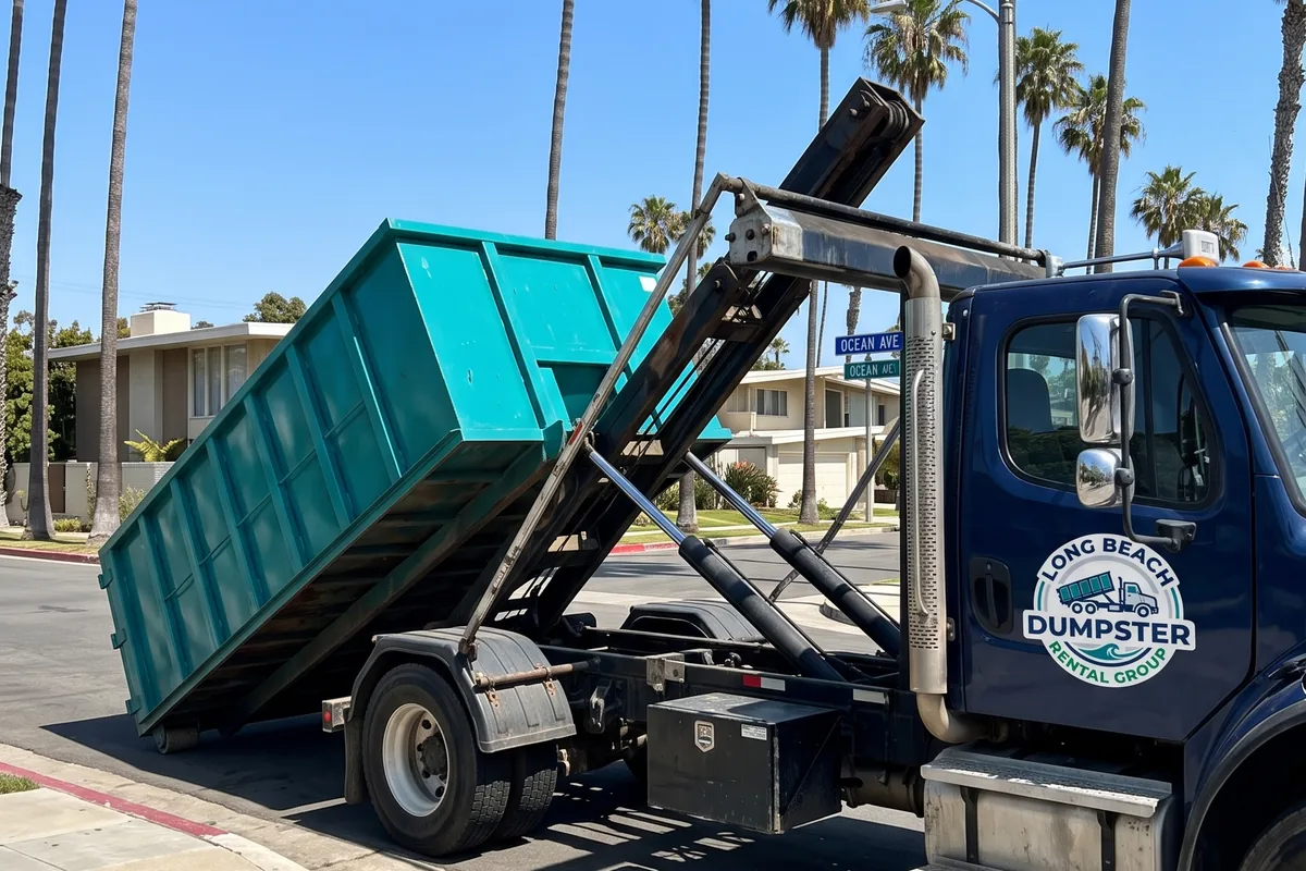 Roll-off truck placing a dumpster in a Long Beach, CA neighborhood