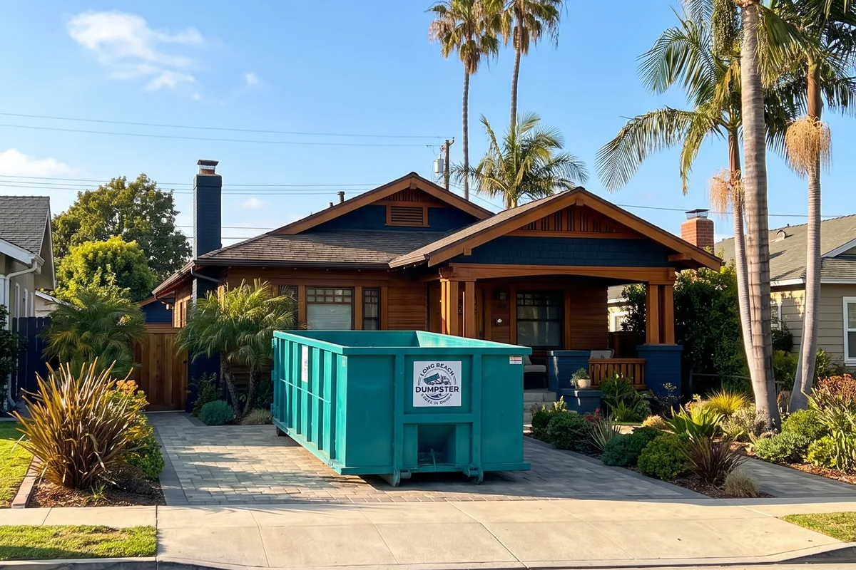 Residential dumpster rental on a driveway in Long Beach, CA during a home cleanout