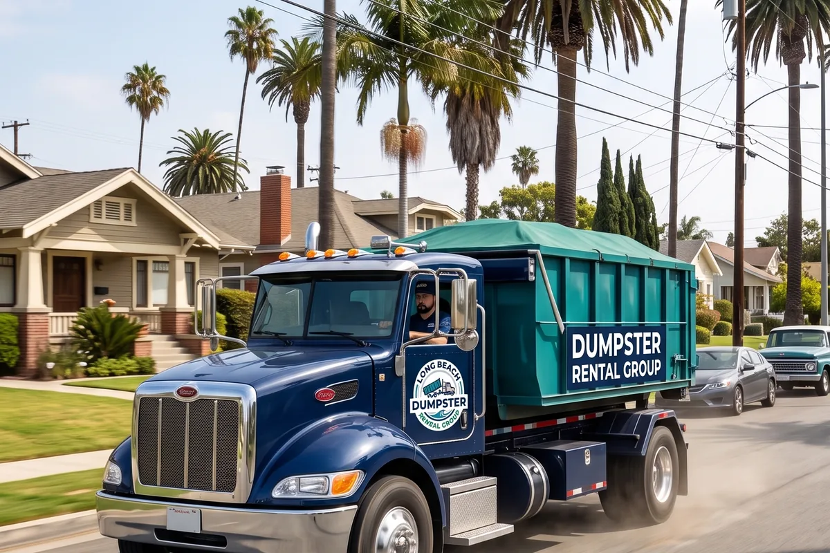 Roll-off truck making a same-day dumpster delivery in Long Beach, CA