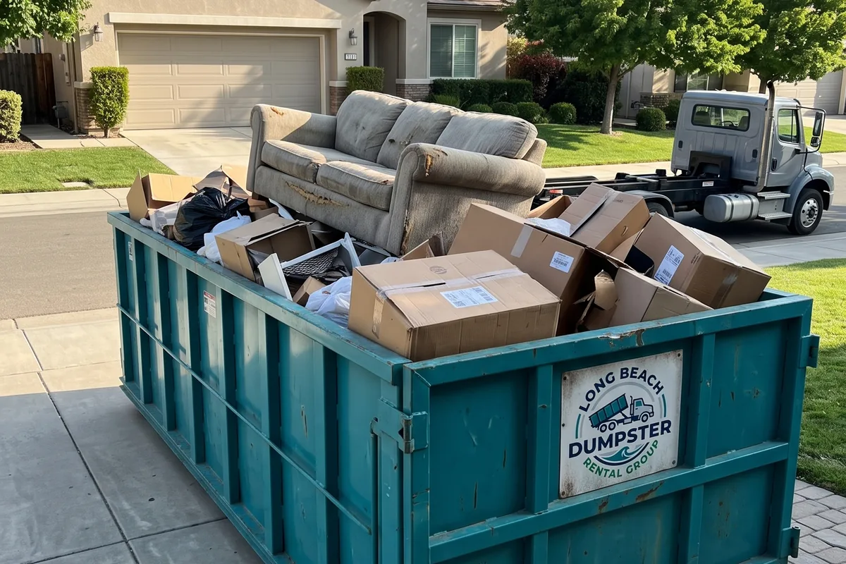 Dumpster filled with mixed household and cleanout debris in Long Beach, CA